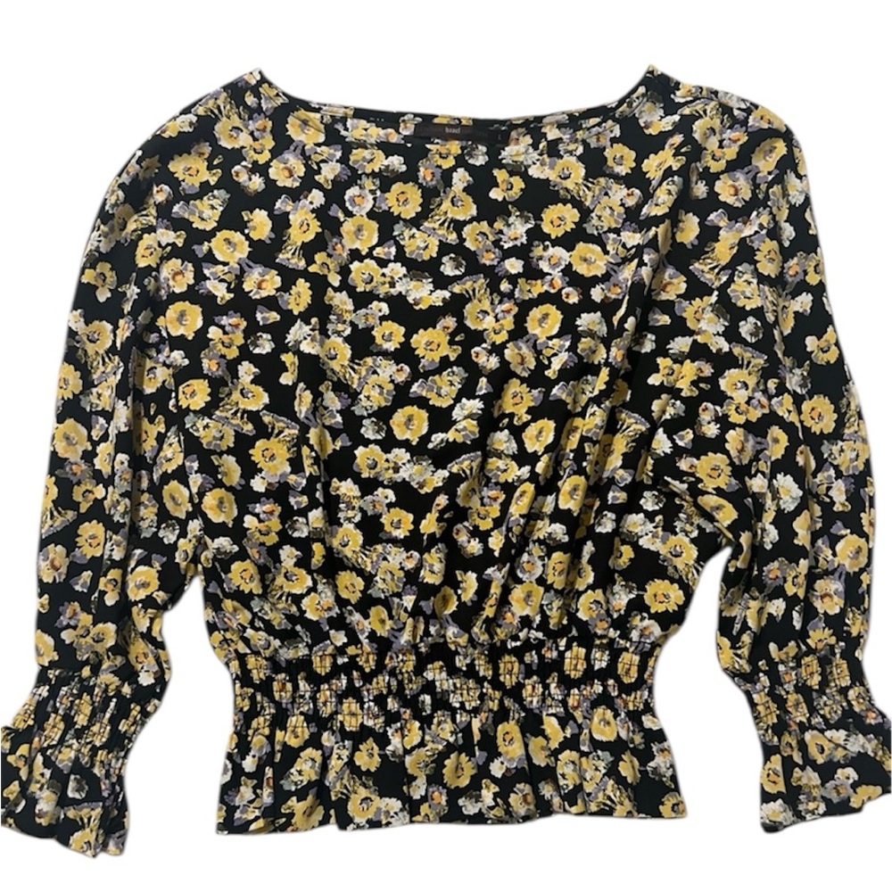 Anthropologie Azel Hazel Haze Blue Yellow Floral Smocked Puff Sleeve Blouse L